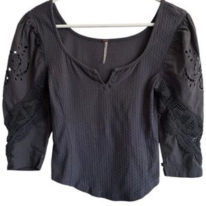 FREE PEOPLE Brunch Date Henley Top Gray Metal Stiletto Lace Sleeve Boho Size S